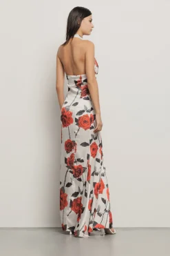 Abiti^Gaëlle Abito lungo scollo halter in raso creponne • - Paris Rose rosse