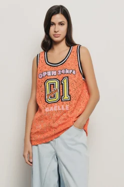 T-Shirt^Gaëlle Canotta in pizzo con smanicato e ricamo • - Paris Arancio