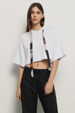 Felpe^Gaëlle Felpa paricollo mezza manica crop raglan con laccio fantasia e stampa • - Paris Bianco