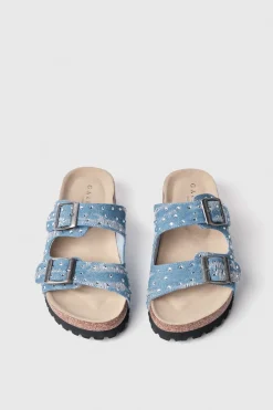 Sandali^Gaëlle Sandalo aperto in denim due fasce con strass • - Paris Denim light blu