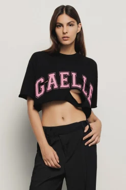 T-Shirt^Gaëlle T shirt crop in jersey paricollo dettaglio taglio con stampa • - Paris Nero