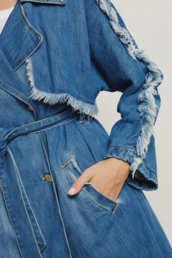 Denim|Capispalla^Gaëlle Trench lungo doppiopetto con frange in denim • - Paris Blu