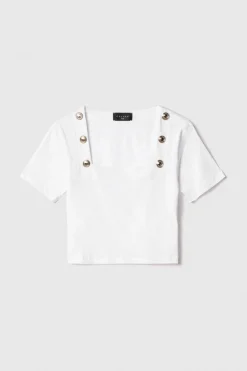 T-Shirt^Gaëlle T-shirt crop con dettaglio scollo quadrato con bottoni oro logati • - Paris Bianco