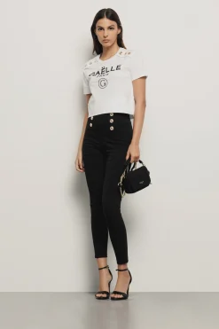 T-Shirt^Gaëlle T-shirt crop paricollo in bielastico con stampa e bottoni oro logati • - Paris Bianco