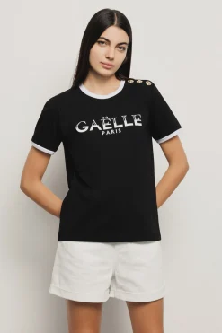 T-Shirt^Gaëlle T-shirt paricollo con stampa logo e bottoni logati oro • - Paris Nero