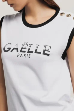 T-Shirt^Gaëlle T-shirt parocollo smanicata con logo stampa e bottoni logati oro • - Paris Bianco