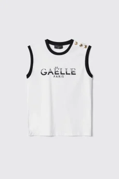 T-Shirt^Gaëlle T-shirt parocollo smanicata con logo stampa e bottoni logati oro • - Paris Bianco